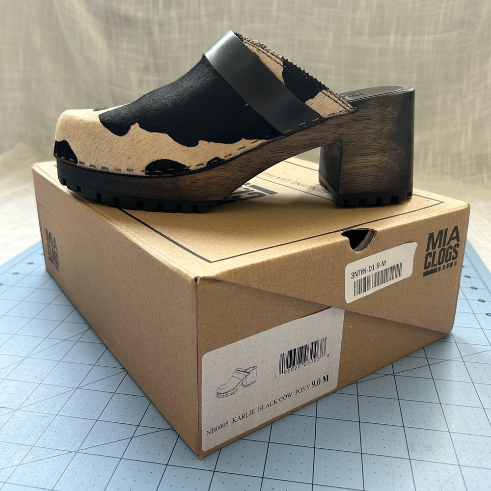 MIA Karlee Black & Cream Cowhide Clog Mules
